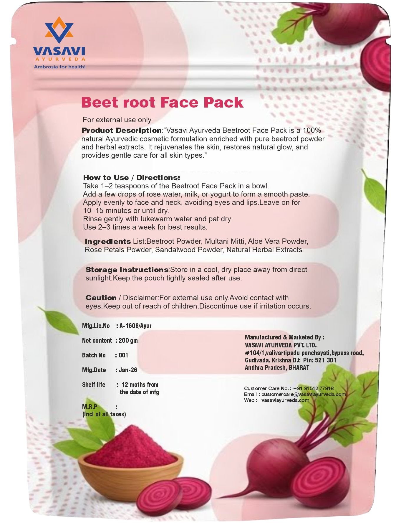 Beetroot face pack - Beetroot Face Pack for Fairness & Acne Control – Vasavi Ayurveda - Image 3